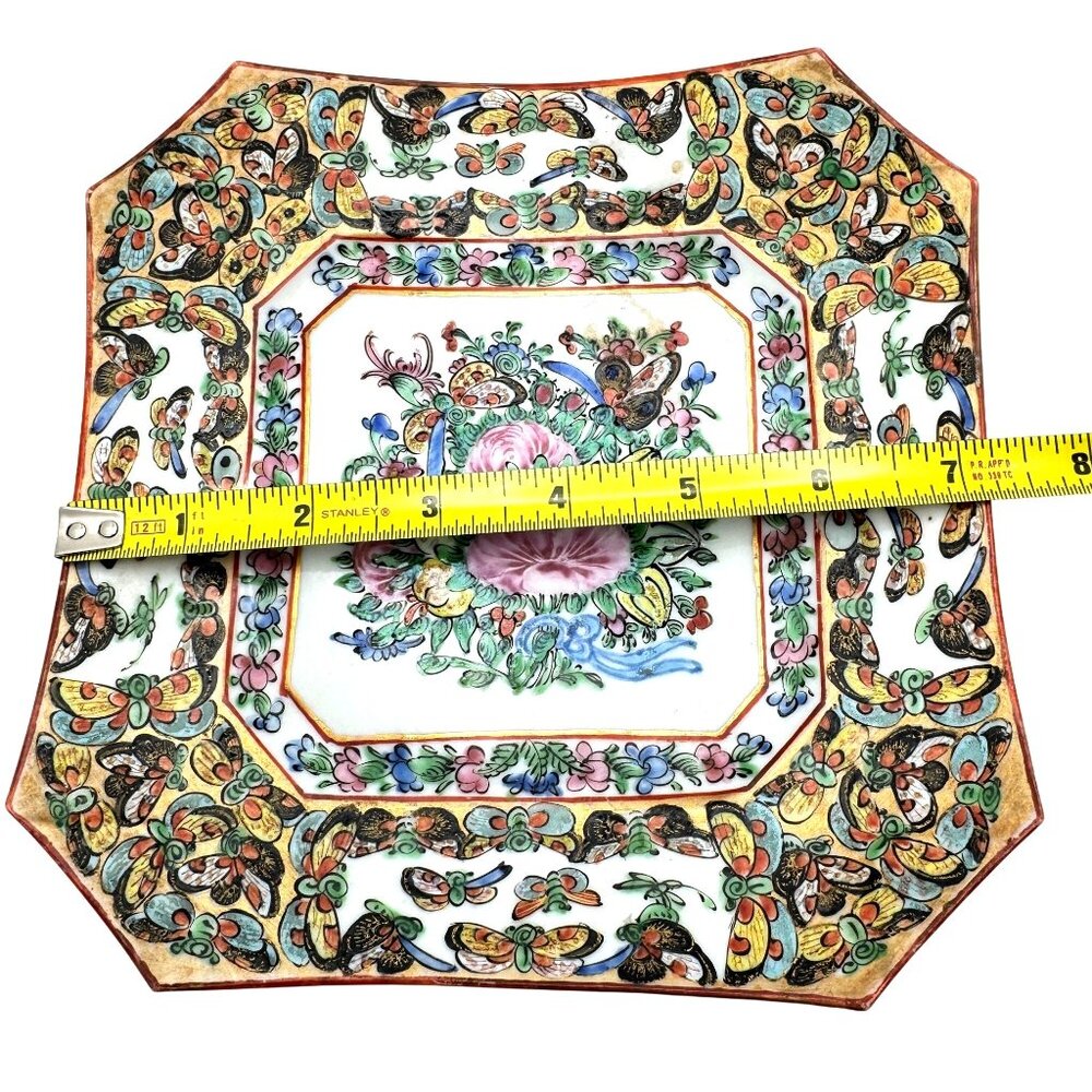 Rose Canton Octagonal Square 7.5" Plate W/ 1000 Butterflies Design Circa 1920 - Picture 2 of 7